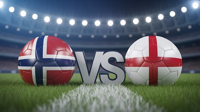 Norway versus England football match with national balls on a stadium field