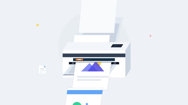 Animated printer printing business report document with pie chart graphics