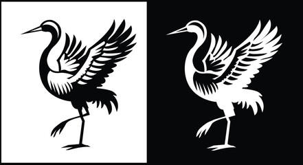 Fototapeta premium Stylized graphic vector illustration of a graceful crane bird in flight, featuring high contrast black and white designs suitable for logos or tattoos