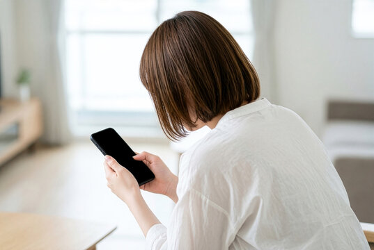 猫背でスマートフォンを見る日本人女性の後ろ姿と前傾した首｜ストレートネック・姿勢の悩みのイメージ