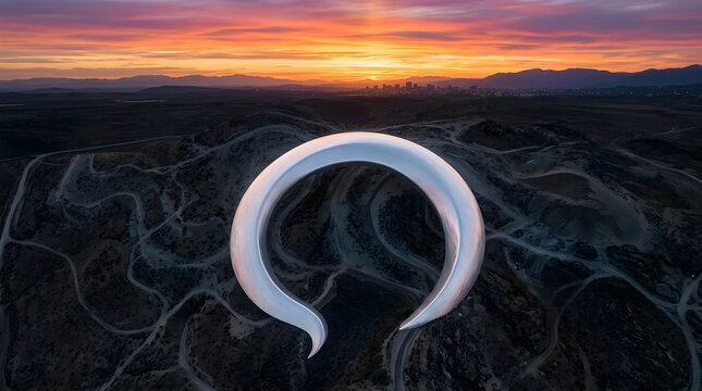 3D render of a silver-white-to-deep blue gradient spring coil twisting outward like a slinky, bird's-eye view, against a warm sunset horizon, with dramatic rim lighting, elegant symmetry