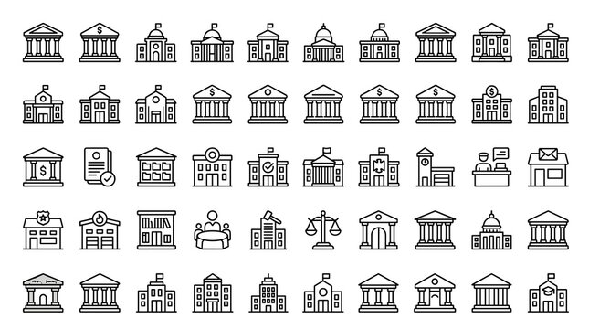 Modern Civic Architecture Line Icon Collection with Government Offices, Courts, Banks, Municipal Buildings, Legal Institutions, and Public Services