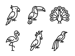 Fototapeta premium Tropical Bird Line Icon Set with Flamingo Toucan and Parrot