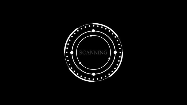 Futuristic Hud scanning interface overlay with rotating circular animation on black background with alpha channel
