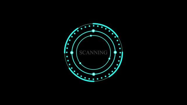 Futuristic HUD Scanning Interface Overlay with Rotating Circular Radar Animation, Digital Scanner, Target Detection, Cyber Technology and Sci-Fi Surveillance Effect on Black Background 4k

