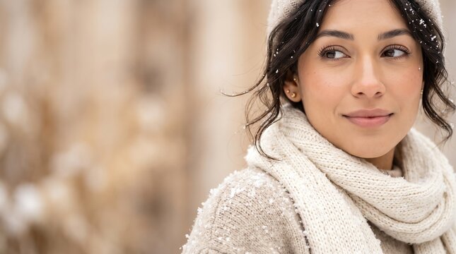 young woman wearing knit scarf and beanie with snow on clothes looking away outdoors