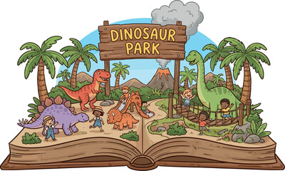 Open dinosaur park pop up storybook with cute kids playing among cartoon prehistoric dinosaurs and a smoking volcano vector © Leon