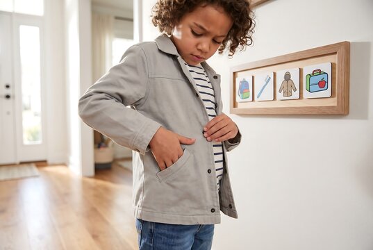 Child Buttoning Cardigan Independently Before School