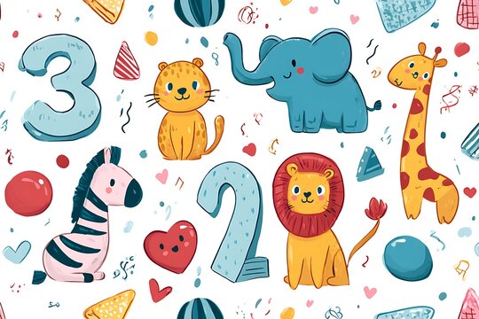 Cartoon animals and numbers pattern with lion, giraffe, elephant, zebra, leopard, heart, balls, and abstract shapes.
