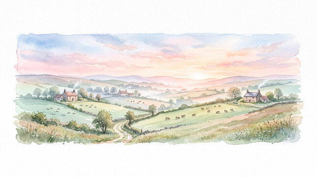 Watercolor illustration of a rolling countryside landscape with farmhouses and livestock