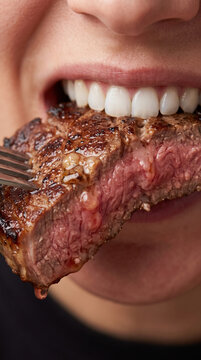 A close-up shot focusing on a person's mouth and white teeth biting into a thick, juicy slice of grilled medium-rare beef steak held by a fork.