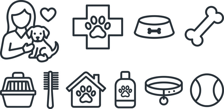 Pet care and veterinary line icons set, dog grooming, domestic puppy shelter and veterinary clinic vector symbols isolated on white background