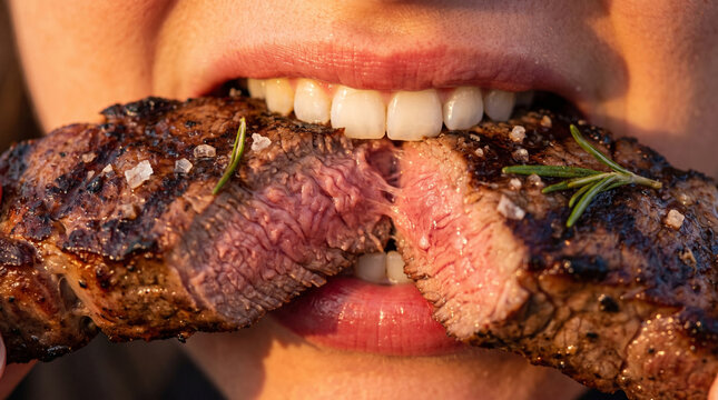 Close-up of a person biting into a juicy, grilled medium-rare beef steak with visible grill marks, coarse salt, and rosemary.