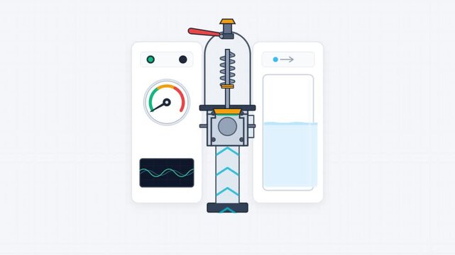 Animated technical diagram showing mechanical valve operation and fluid level measurement