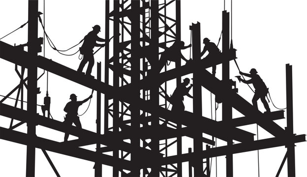 Industrial construction workers silhouette on steel frame structure, builders working on high-rise building site, black and white vector illustration