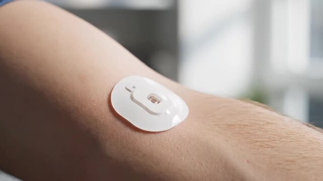 Close up of person applying continuous glucose monitor sensor to arm for diabetes management.