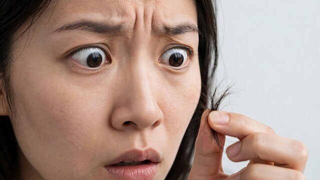 Stressed Asian woman looking in shock at dry damaged hair ends and split ends, hair care problem concept