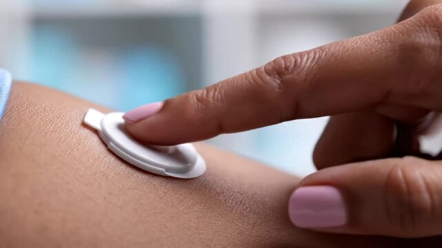 Woman touching continuous glucose monitor sensor on her arm for diabetes management.