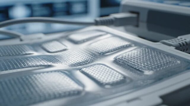 Close up of medical diagnostic equipment with electrodes and cables in laboratory setting.