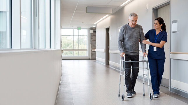 Rehabilitation nurse helps adult patient practice walking with a walker, supporting mobility training, recovery, confidence, independence and safe hospital rehabilitation care.