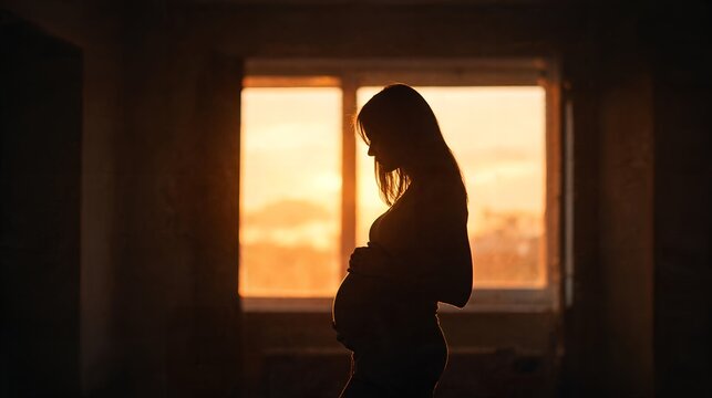 Silhouette of a Pregnant Woman Holding Her Belly Against a Warm Sunset, Full of Hope
