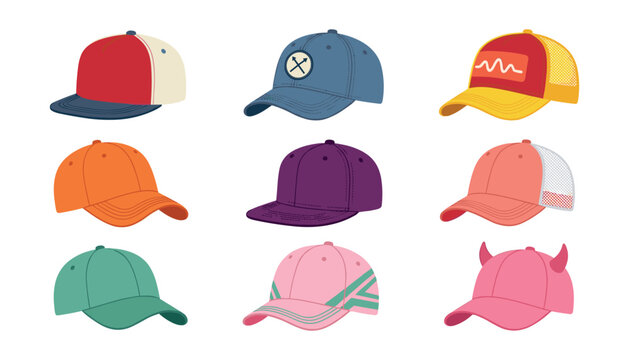  Colorful baseball cap vector set featuring various trucker hats snapbacks and sport visors isolated on white background, (17 words)