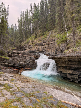 Johnston Creek waterfall with turquoise pool in Johnston Canyon Banff
