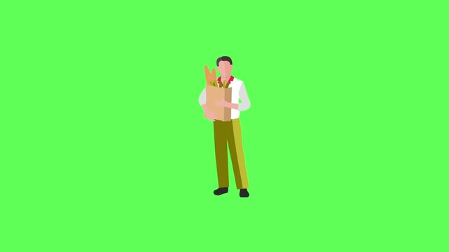 Flat vector animated businessman character carrying a brown paper bag full of fresh bread and vegetables against a green screen background