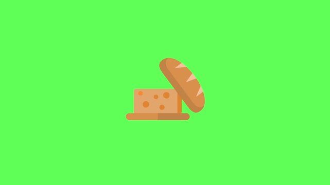 Flat vector animated sliced block of cheese with holes and a fresh bread baguette on a wooden cutting board against a green screen background