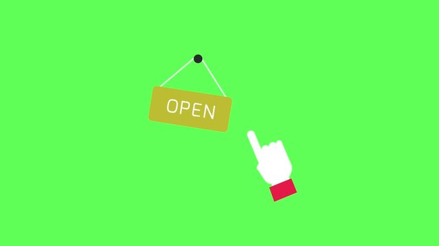 Flat vector animated hand tapping and turning a hanging wooden sign board that reads "OPEN" against a green screen background
