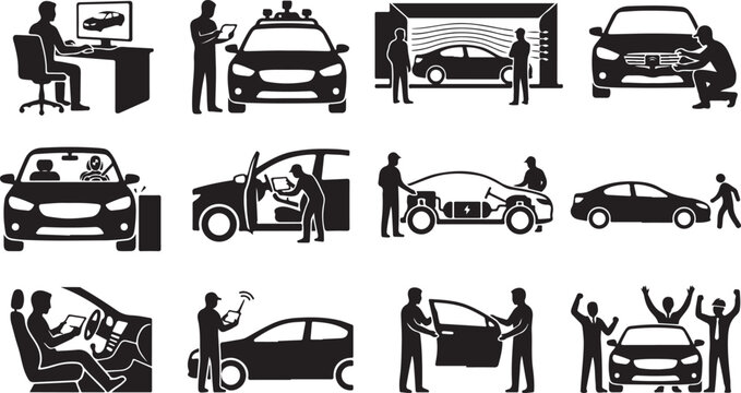 Set of black silhouettes representing automotive industry workers, car mechanics, engineers, and vehicle inspection or maintenance processes