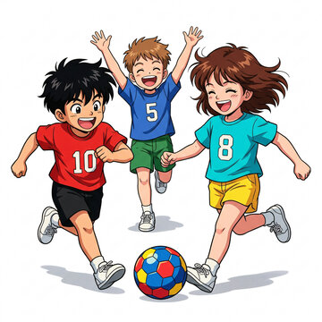 Three Cheerful Children Playing Football