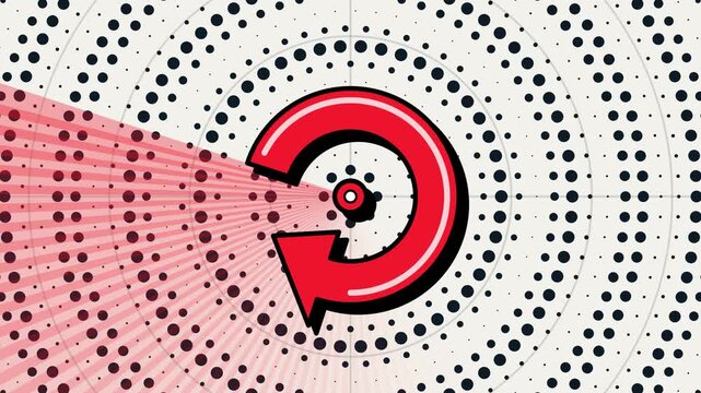 Reloading Circular Arrow Icon Spinning Counter Clockwise with Vibrant Red Sunburst Rays over a Dynamic Pop Art Halftone Dotted Background