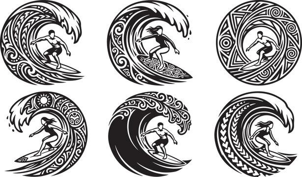 Set of six black and white surfing featuring surfers riding large ocean waves with intricate tribal and floral pattern