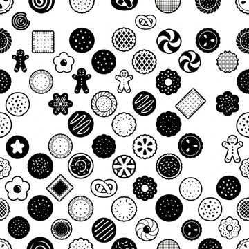 Minimalist cookie pattern, black and white biscuit icons seamless background, sweet snack food illustration for packaging and textile design