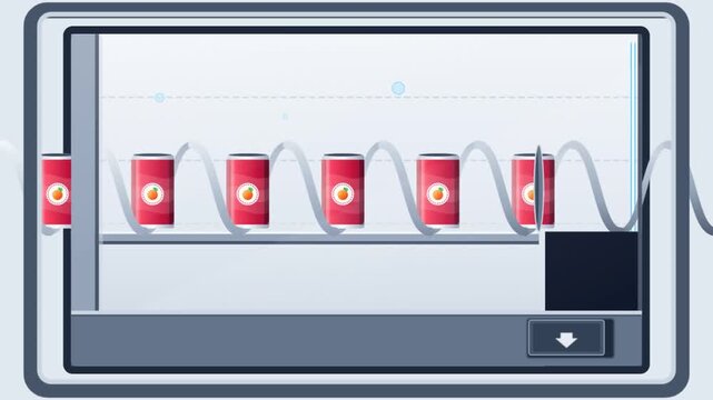 Red beverage cans moving on spiral vending machine animation