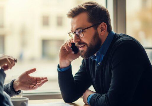 Man talking on phone during discussion