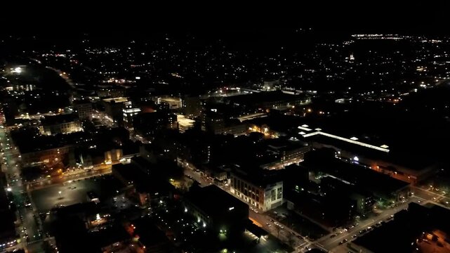 Scranton at Night Pennsylvania Drone View of Downtown City Lights and Illuminated Buildings Creating a Dynamic Metropolitan Landscape with Bright Urban Streets and Architecture