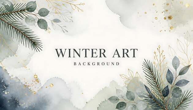 Winter watercolor art background with green pine branches and gold leaves illustration for holiday greeting card design.