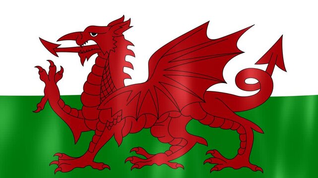 Digital graphics of the waving national flag of Wales, featuring the red Welsh dragon on a white and green background