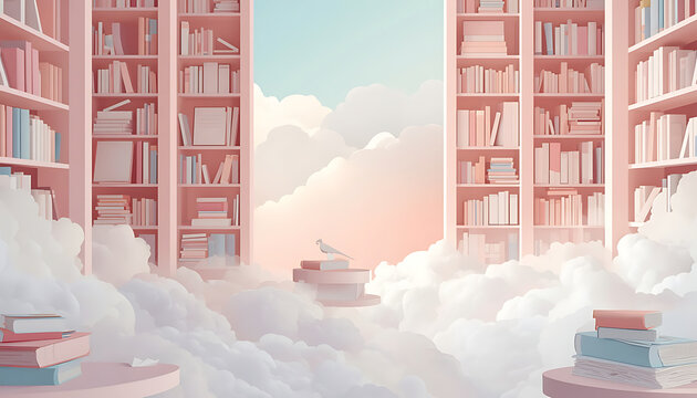 Open sky library vista with tall bookshelves and floating clouds offers inspiring space for wisdom and contemplation.