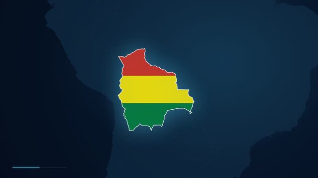 Digital map footage zooming in to highlight the city of Oruro in Bolivia, South America, with a location pin and geographic locator displayed