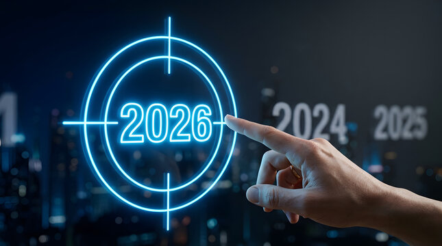 Finger selecting future year target in futuristic cityscape setting