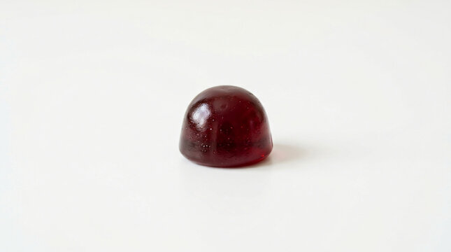 Gummy candy dome in dark red color stands alone in the center of a wide transparent space.