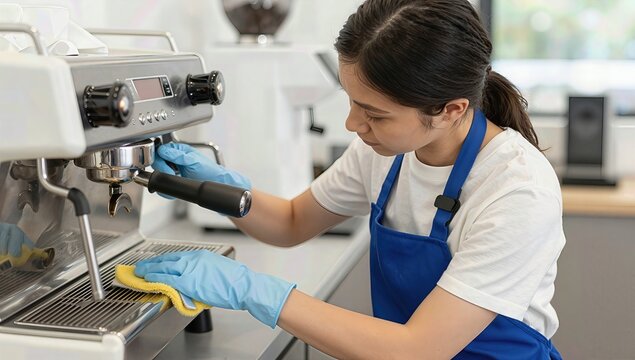 Professional Female Barista in Blue Apron and Gloves Cleaning Espresso Machine in Modern Coffee Shop with Soft Natural Lighting and Bright Interior Atmosphere