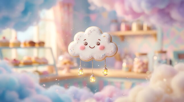 Cute smiling cloud cookie with hanging golden raindrops in a dreamy pastel bakery.