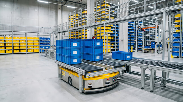 Autonomous mobile robot AMR conveying blue totes in automated warehouse