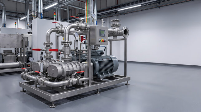Stainless steel twin screw pump skid operating in industrial facility