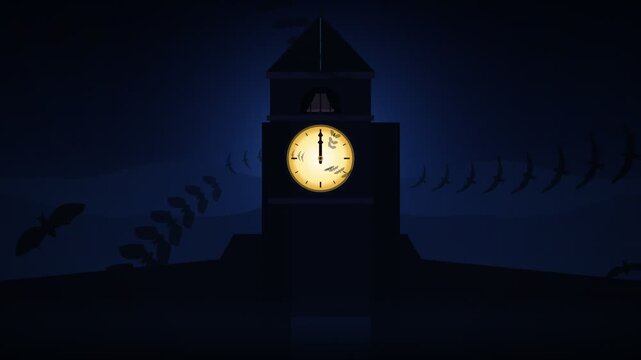Mysterious Night Clock Tower with Flying Bats Silhouette Animation