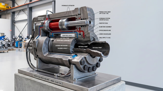 Cutaway model of subsea blowout preventer BOP blind shear ram